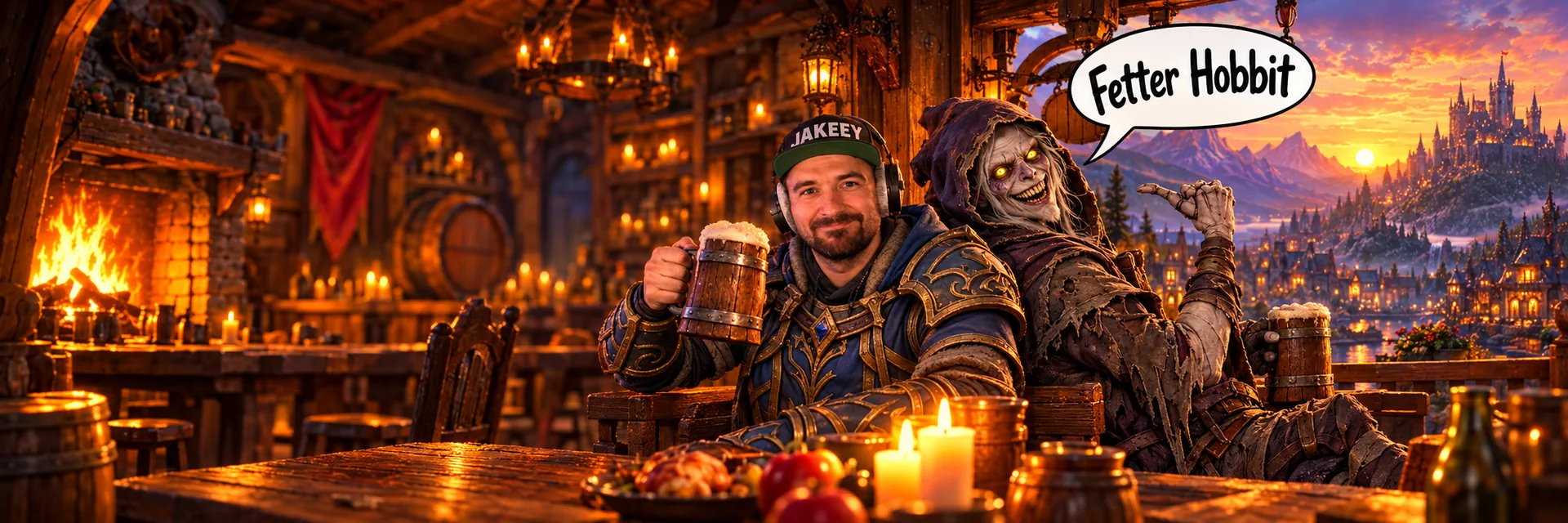 JakeeY mit Bierkrug in einem Fantasy-Gasthaus